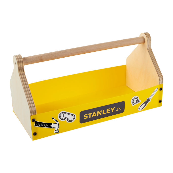 The Red Toolbox Stanley Jr. Toolbox Kit is a small yellow wooden toolbox with a wooden handle, featuring the Stanley Jr. logo and fun stickers—perfect for kids ready to build their own toolbox.