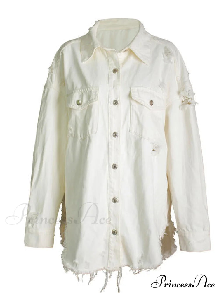 Star Denim Jean Jacket with Pockets Ivory clothes Huango long sleeve shirt long sleeve shirts long sleeve tops Ship From Overseas shirt shirts tops