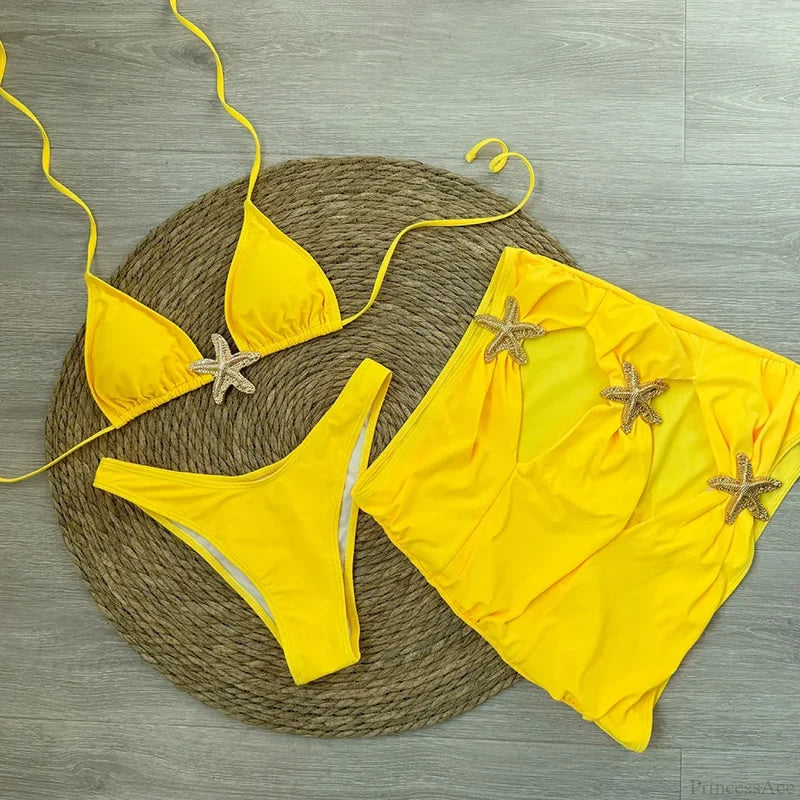 Starfish Brazilian Black Three Piece Swimsuit yellow1 / S
