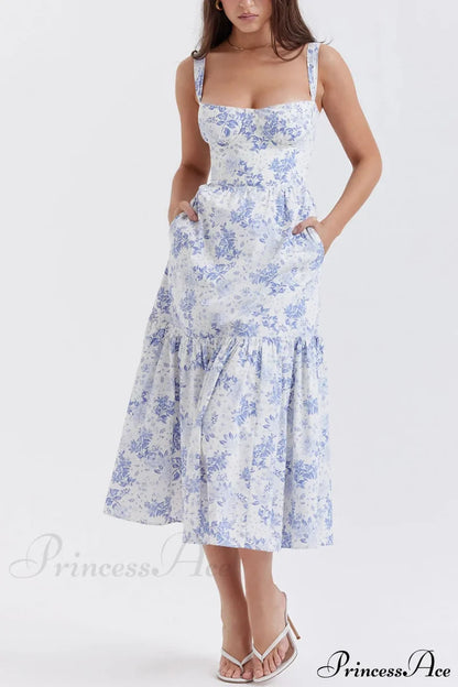 Strap A-Hem Stylish Floral Midi Dress Blue / S Dresses