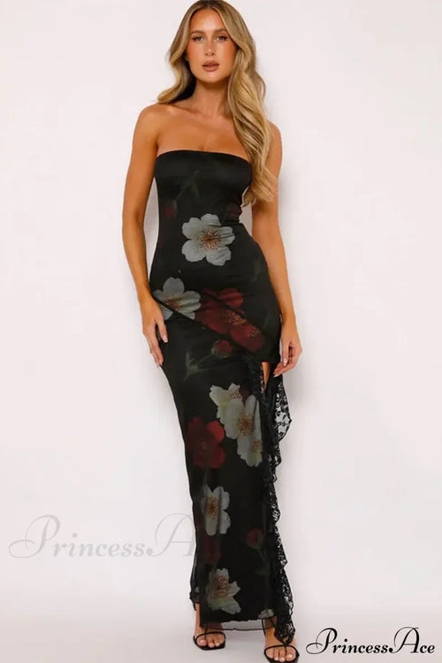 Strapless Print Lace Vent Backless Split Boho Dress