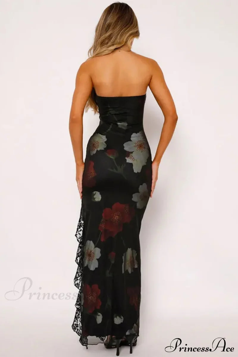 Strapless Print Lace Vent Backless Split Boho Dress