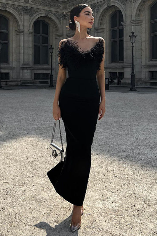 Strapless V-Neck Feathered Mermaid Party Dress