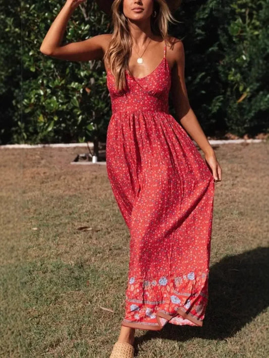 Strapless Vacation Summer Maxi Beach Boho Dress Red / S bohodress-250126