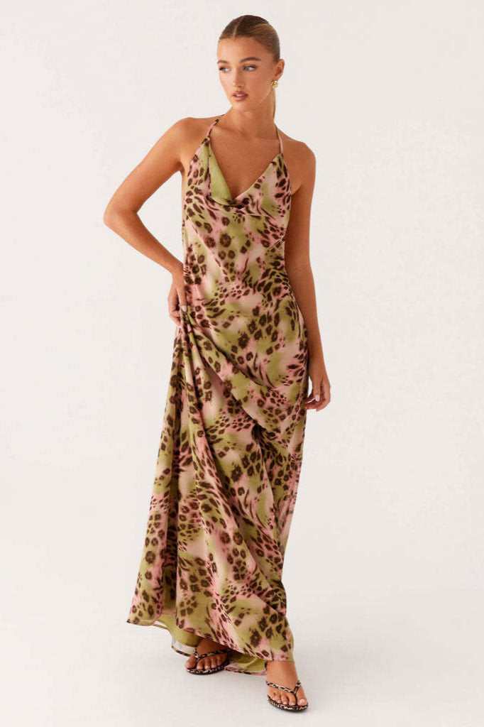 Street Style Leopard V Neck Maxi Dress