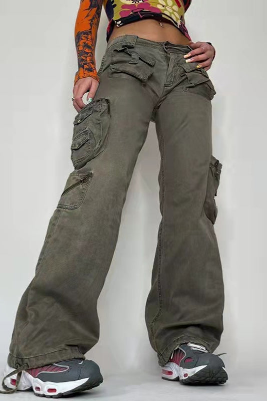 Street Style Low-Waisted Multi-Pocket Denim Cargo Pant