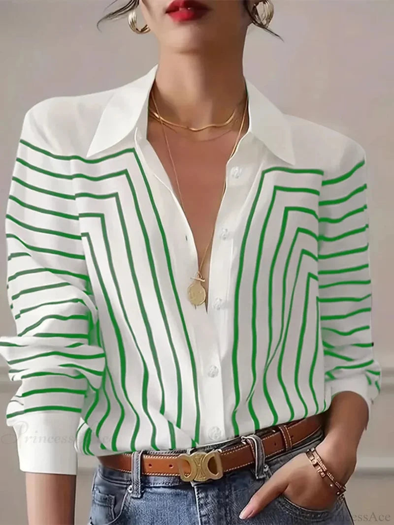 Stripe Printed O-neck Blouse Office Wear Blouse Green / S blouse-250126
