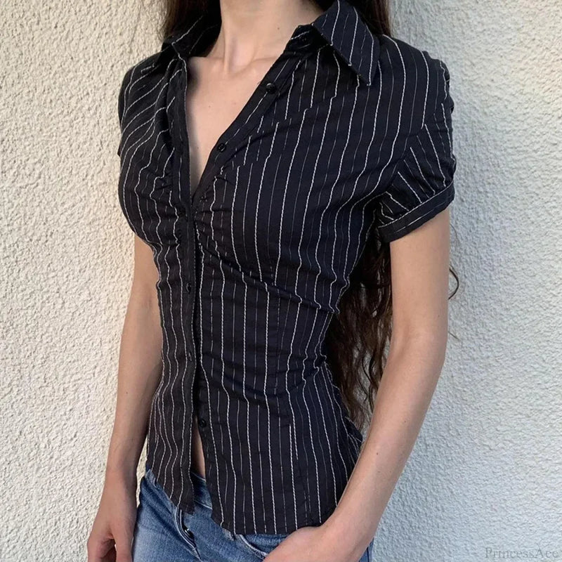 Striped Button-Up Collar Blouse blouse-250126