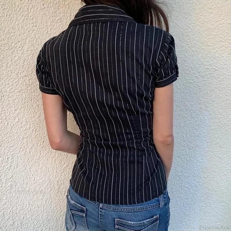 Striped Button-Up Collar Blouse blouse-250126