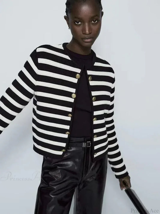 Striped Casual Classic Knit Cardigan Black / XS