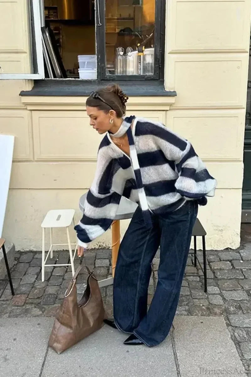 Striped Contrast V-neck Loose Cardigan
