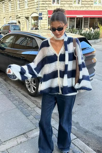 Striped Contrast V-neck Loose Cardigan White / S