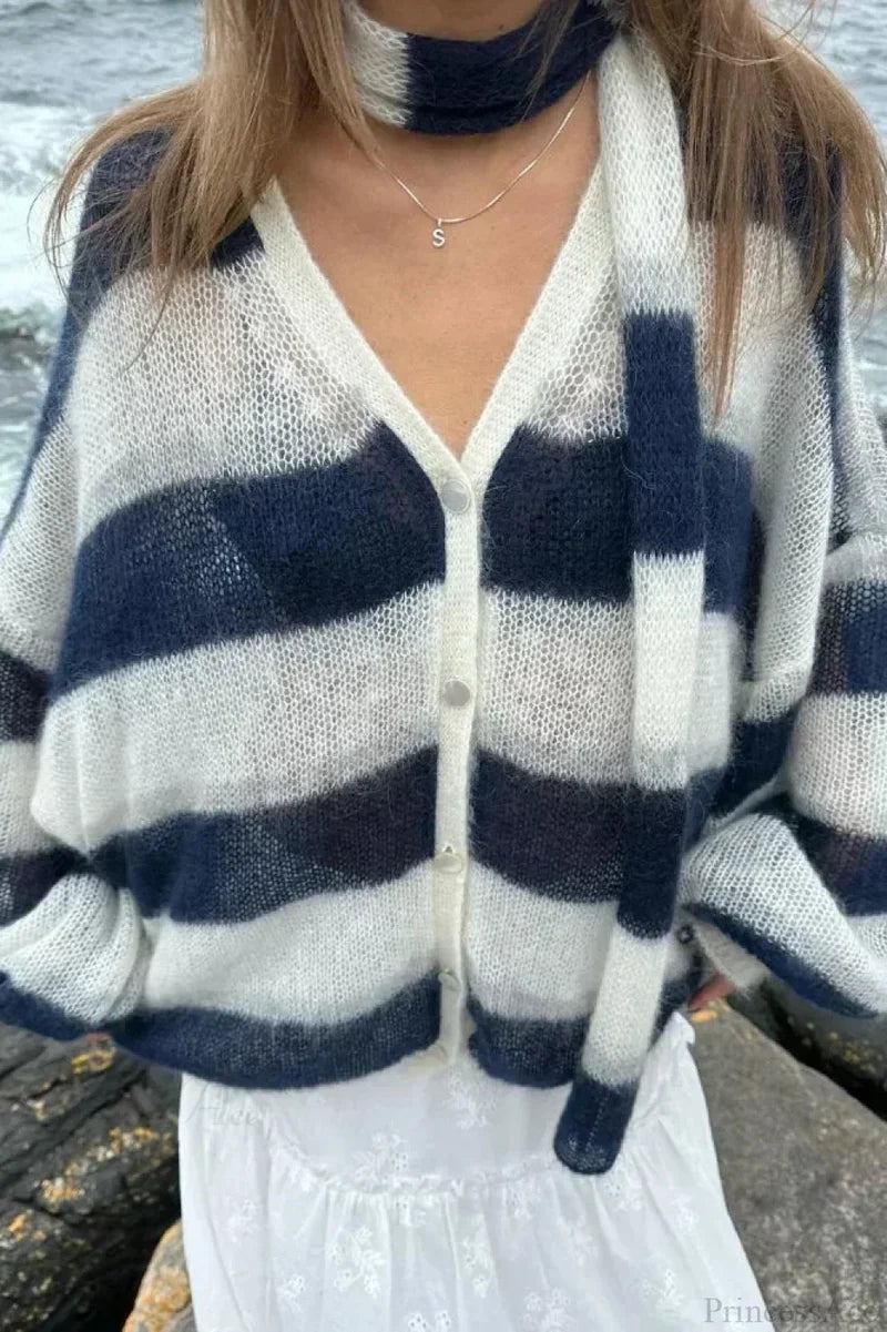 Striped Contrast V-neck Loose Cardigan