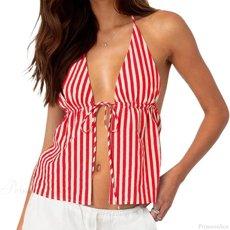 Striped Front Tie Halter Low Cut Crop Top Red / S croptop-250126