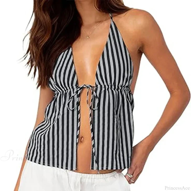Striped Front Tie Halter Low Cut Crop Top GRAY / S croptop-250126