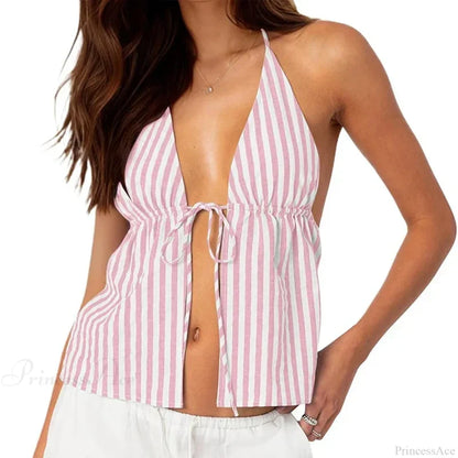 Striped Front Tie Halter Low Cut Crop Top Pink / S croptop-250126