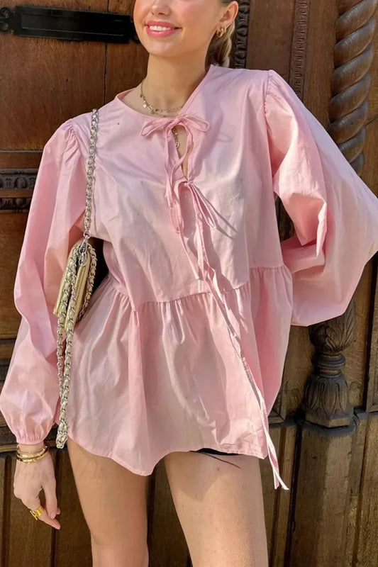 Striped Loose Fit Lace-Up Round Neck Blouse Pink / S blouse-250126