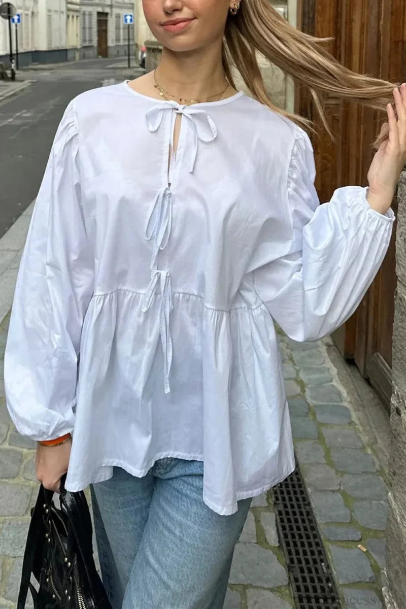 Striped Loose Fit Lace-Up Round Neck Blouse White / S blouse-250126