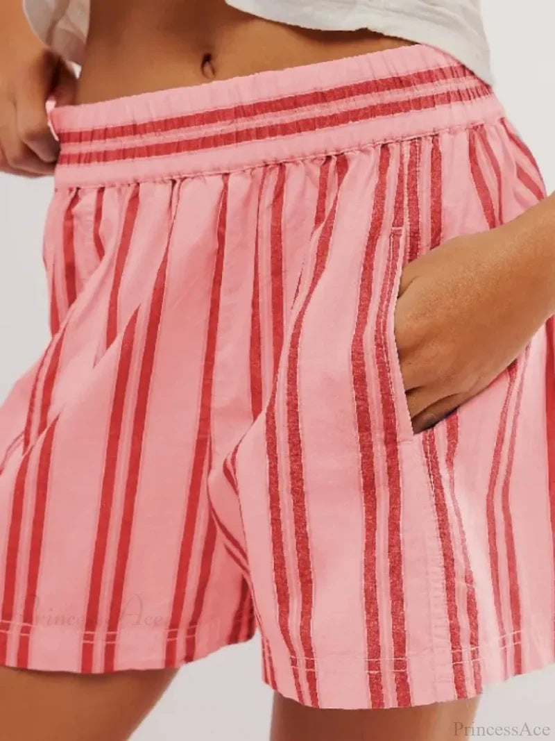 Striped Pocket Loose Casual Shorts Red / S short-250223