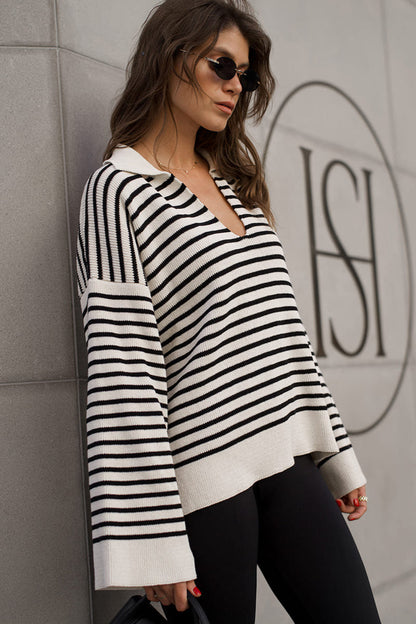 Striped Polo Neck Loose Fit Knit Sweater
