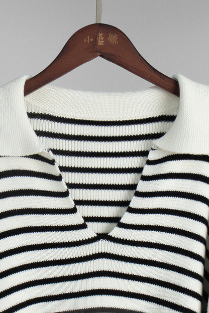 Striped Polo Neck Loose Fit Knit Sweater