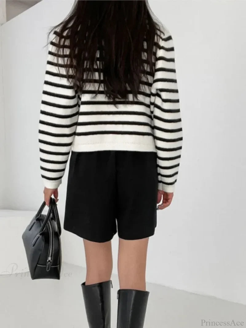 Striped Print Cropped Loose Knit Knit Cardigan cardiagn-250126