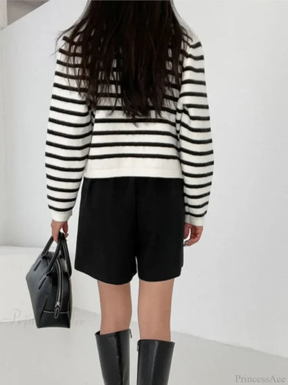 Striped Print Cropped Loose Knit Knit Cardigan cardiagn-250126