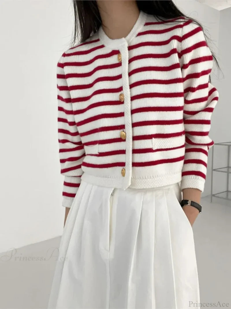 Striped Print Cropped Loose Knit Knit Cardigan cardiagn-250126