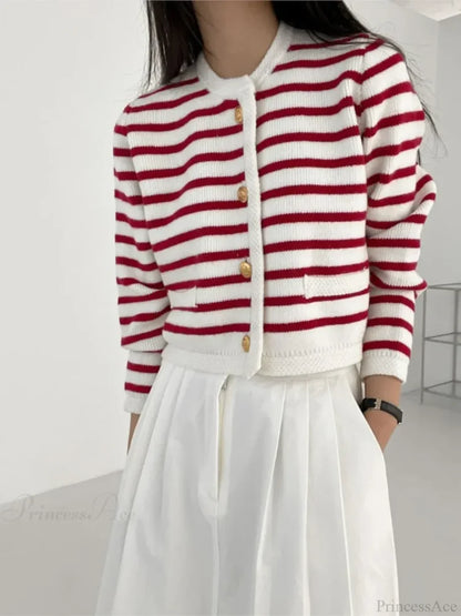 Striped Print Cropped Loose Knit Knit Cardigan cardiagn-250126