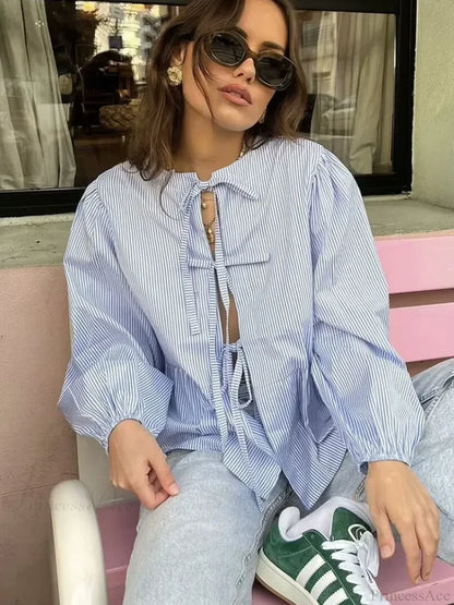 Striped Puff Sleeve Holiday Blouse BLUE / S blouse-250223