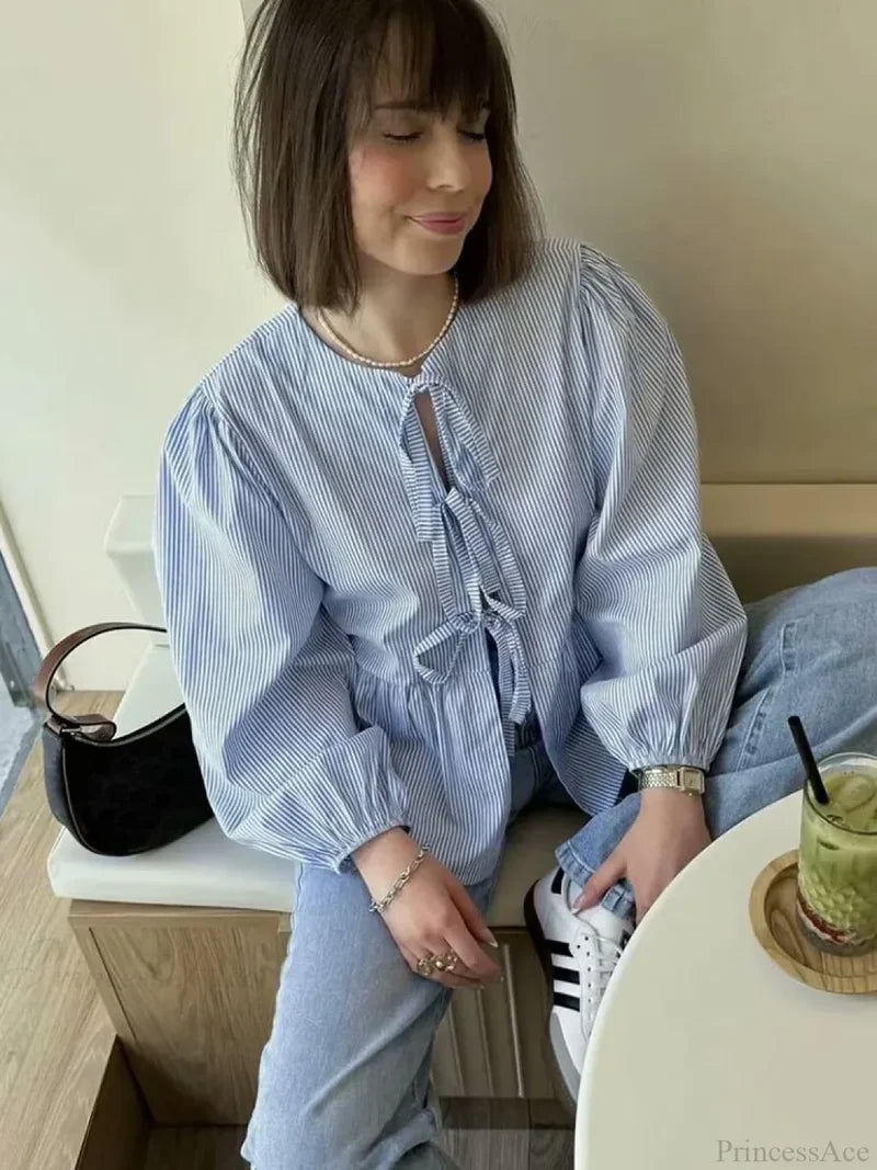 Striped Puff Sleeve Holiday Blouse blouse-250223