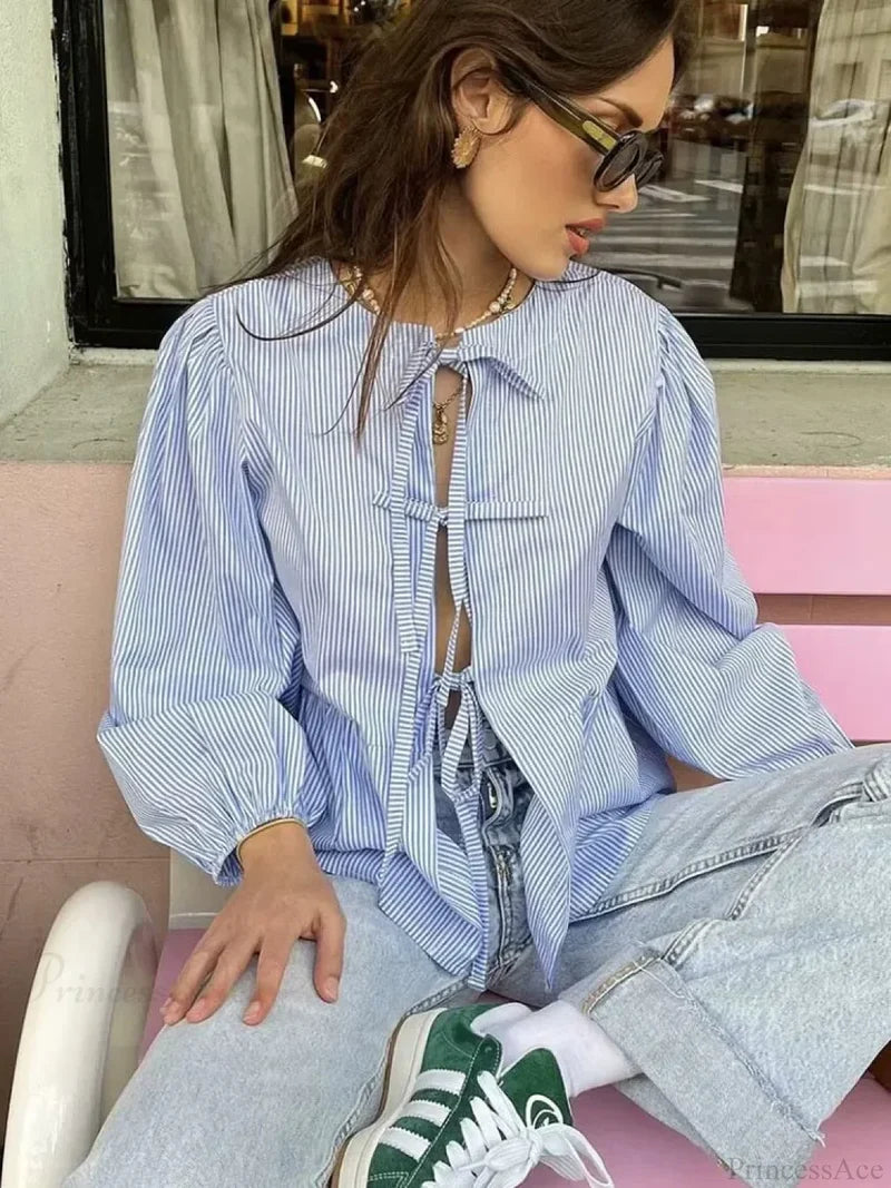 Striped Puff Sleeve Holiday Blouse blouse-250223