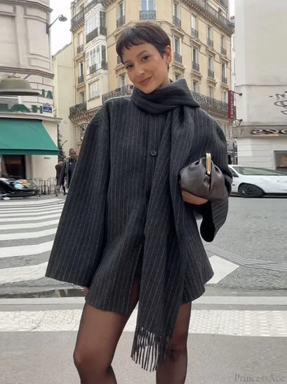 Striped Single Breasted Wool Coat