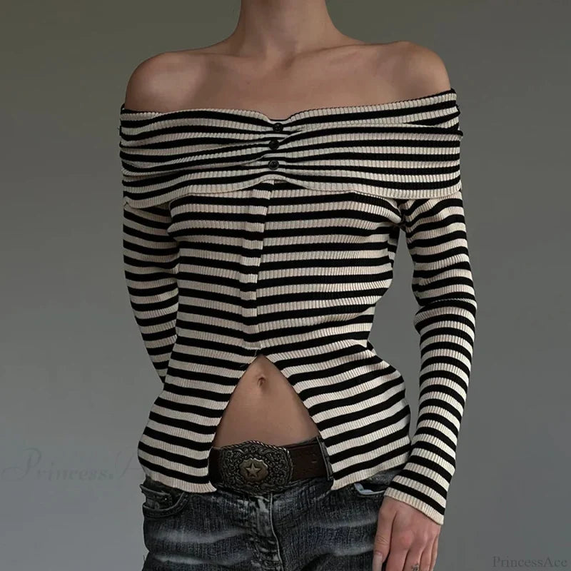 Striped Slash Neck Knit Top Black / S