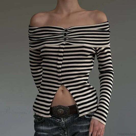 Striped Slash Neck Knit Top Black / S