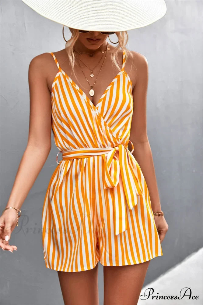 Striped V Neck Cami Rompers Yellow / S