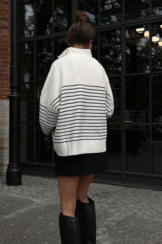 Striped Zip-Front Polo Knit Sweater