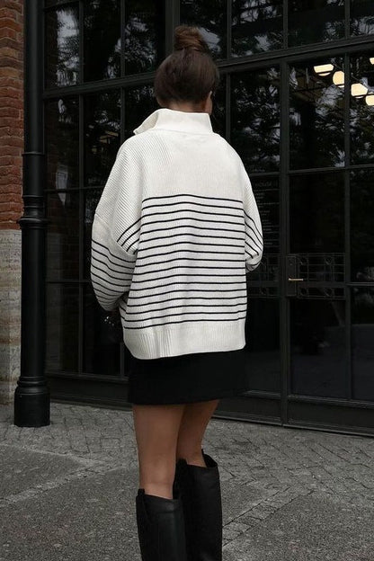 Striped Zip-Front Polo Knit Sweater