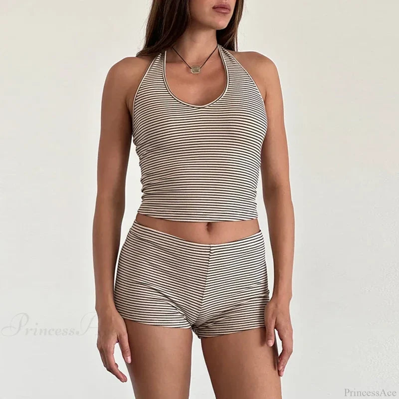 Stripes Print Sleeveless V Neck Halter Crop Low Waist Shorts Two Pieces Set Khaki / S twopiecesset-250126