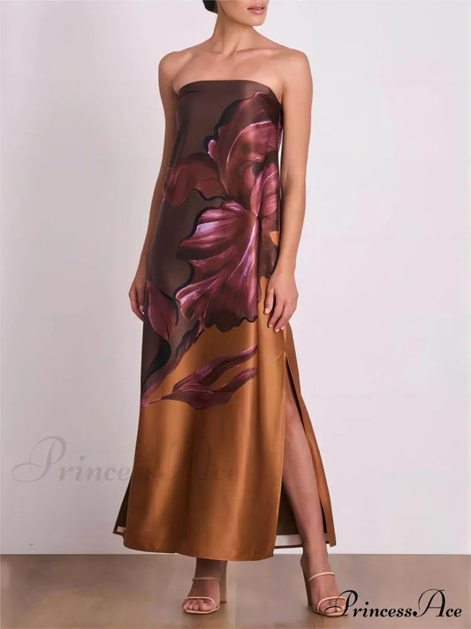 Stylish Contrasting Off-Shoulder Charming Floral Print Maxi Dress Brown / S Dresses