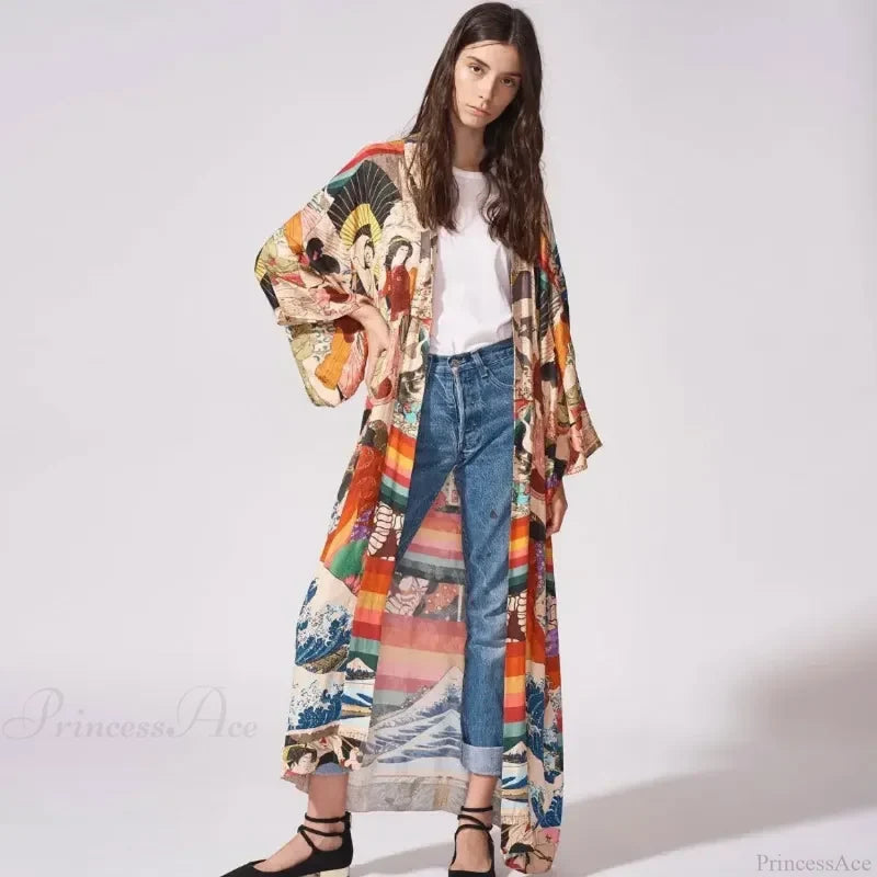 Summer Kimono Bikini Cover Up Boho Beach Chic Floral Print color / One Size bohocoverup-250126
