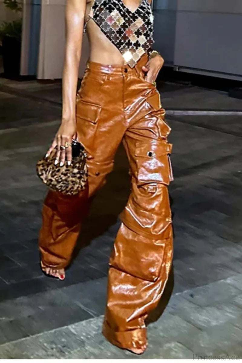 Summer Loose PU Leather Cargo Pant Brown / S