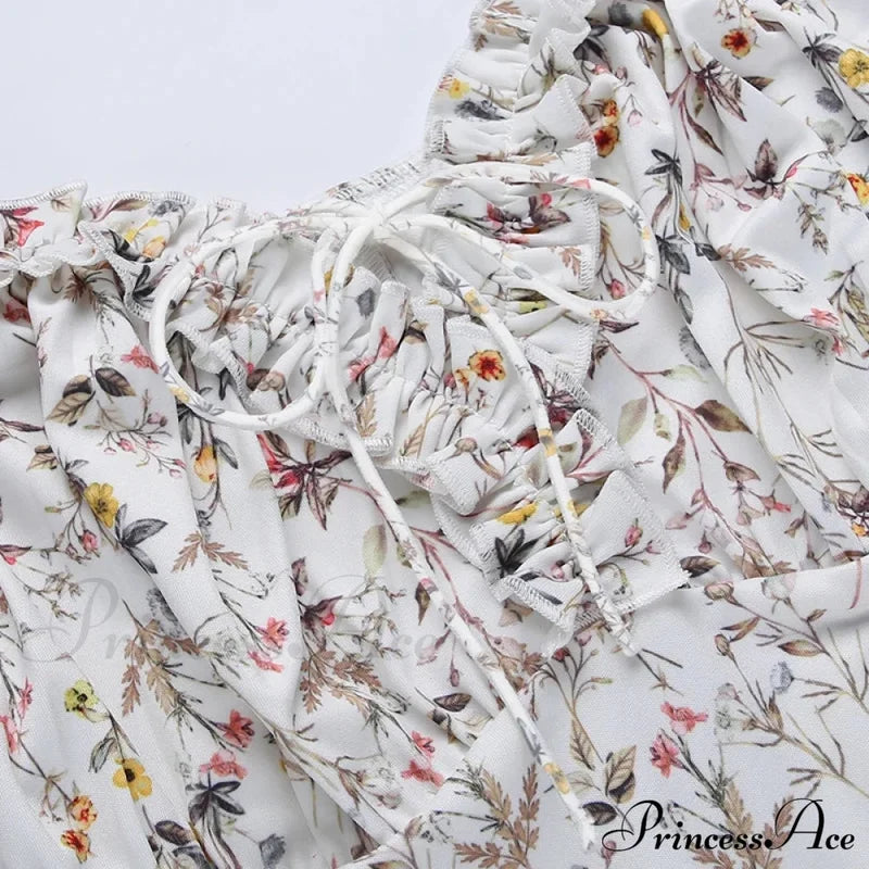 Summer Off Shoulder Puff Sleeve Lace Up Side Split Chic Aesthetic Floral Dress