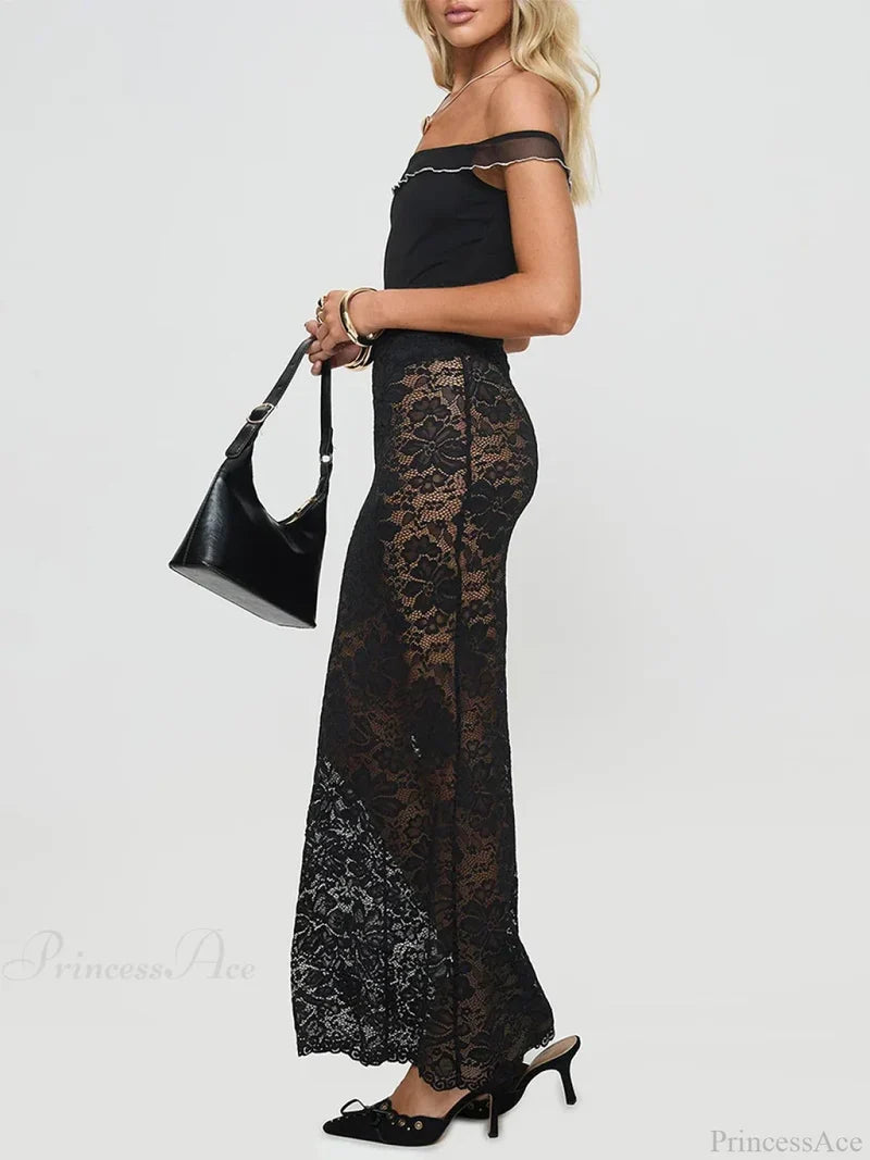 Summer Sexy Sheer Lace Floral Long Skirt Y2K Party skirt-250126