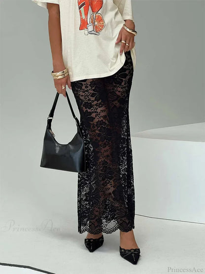 Summer Sexy Sheer Lace Floral Long Skirt Y2K Party skirt-250126