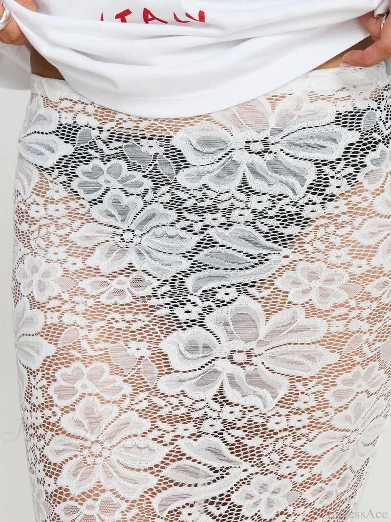 Summer Sexy Sheer Lace Floral Long Skirt Y2K Party skirt-250126