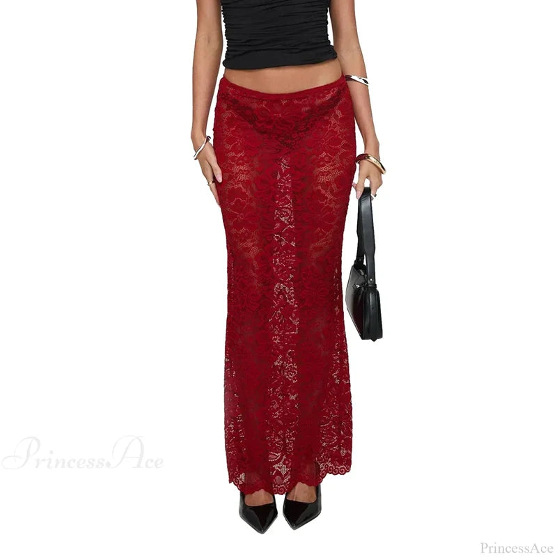 Summer Sexy Sheer Lace Floral Long Skirt Y2K Party Red / S skirt-250126
