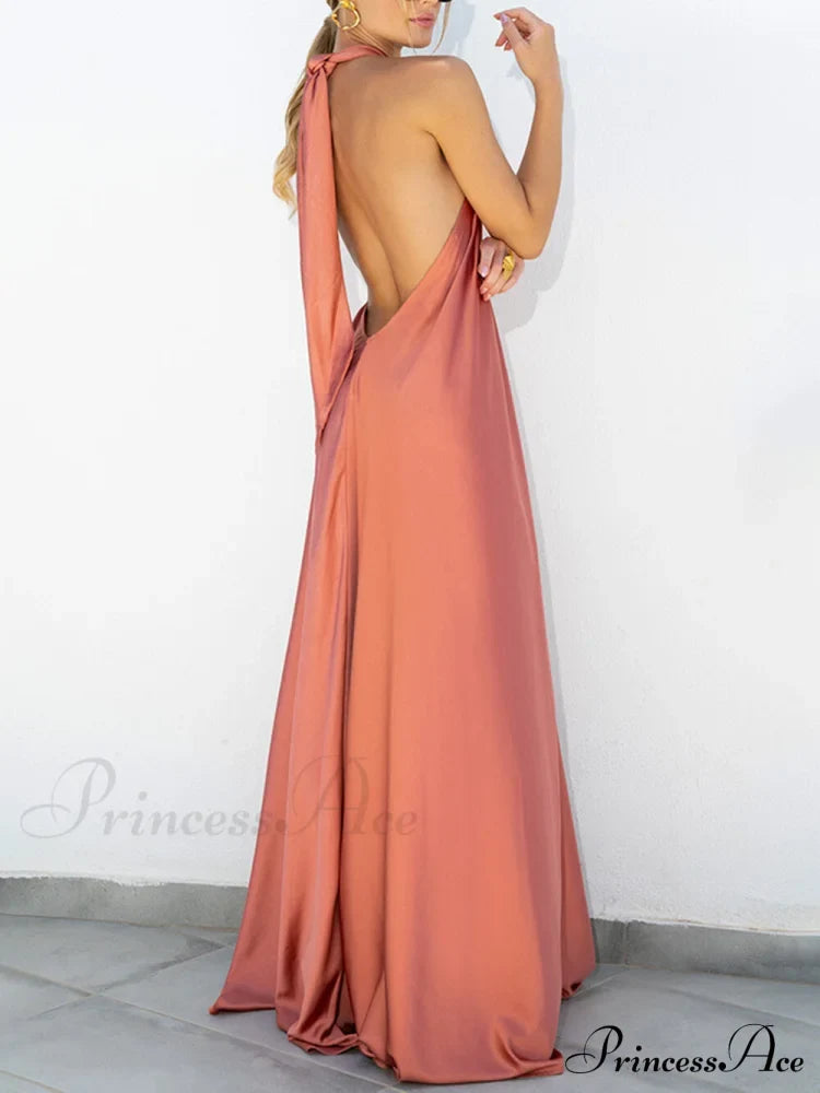 Summer Temperament Satin Charming Halter Swing Gown Dresses