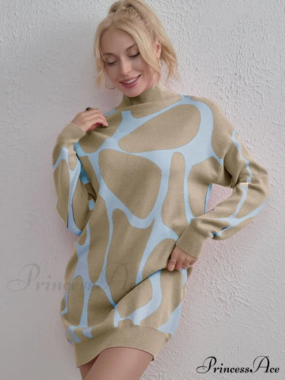 Contrast Mock Neck Sweater Dress Khaki One Size clothes H.Y@Maozhi Ship From Overseas Shipping Delay 10/01/2023 - 10/03/2023 shirt shirts sweater top tops trend