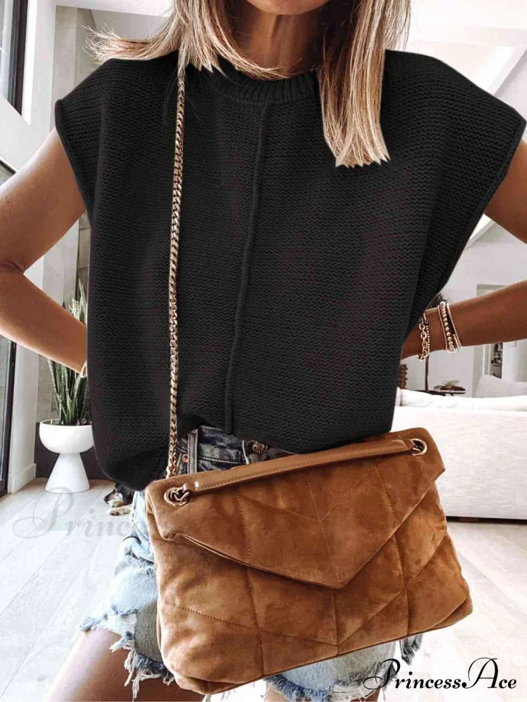 Cap Sleeve Sweater Vest Black clothes Ship From Overseas shirt shirts tops Y@L